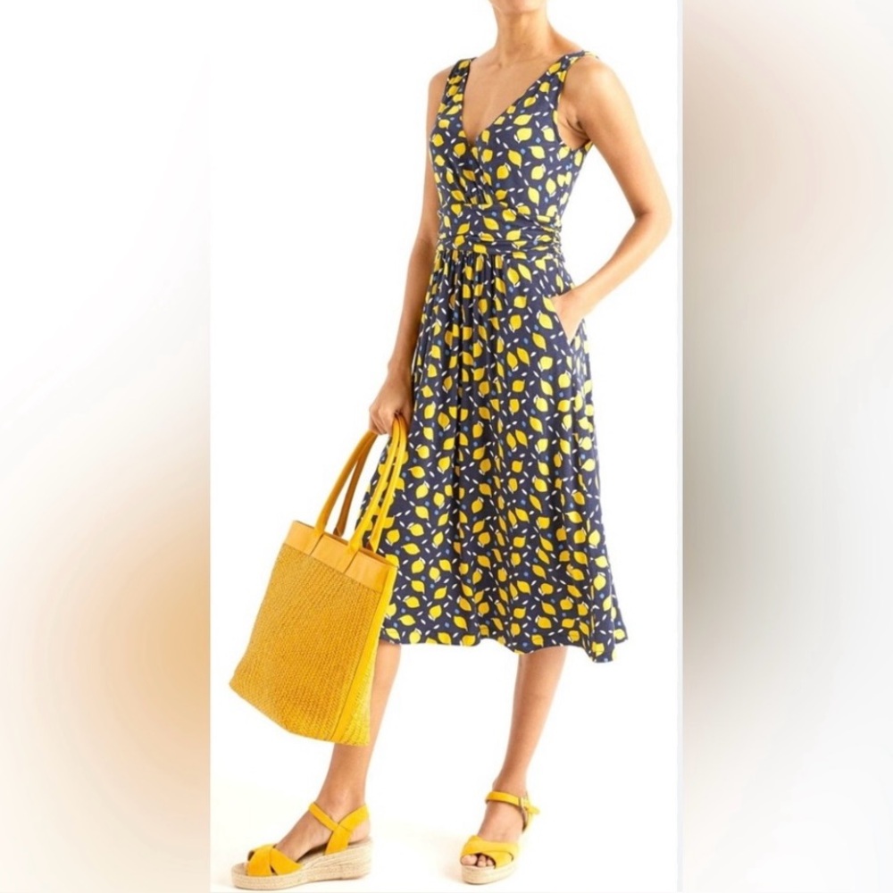 Boden Blue and Yellow Leaf Print Midi Dress